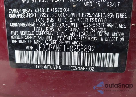 2017 Subaru Crosstrek 2.0I Limited z USA, uszkodzony, nr VIN JF2GPANC1H8256892